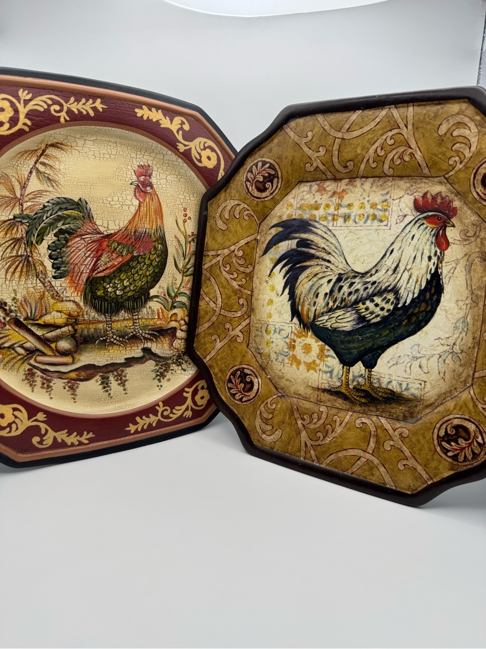 TamSan Rooster Plate Set of 2 Hand Painted Farmhouse Country Wall Decor